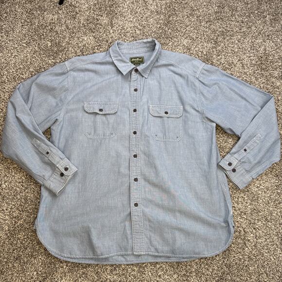 Men’s Eddie Bauer Blue Denim Button Up Long Sleeve Shirt Size Tall XL 100% Linen - Picture 1 of 6